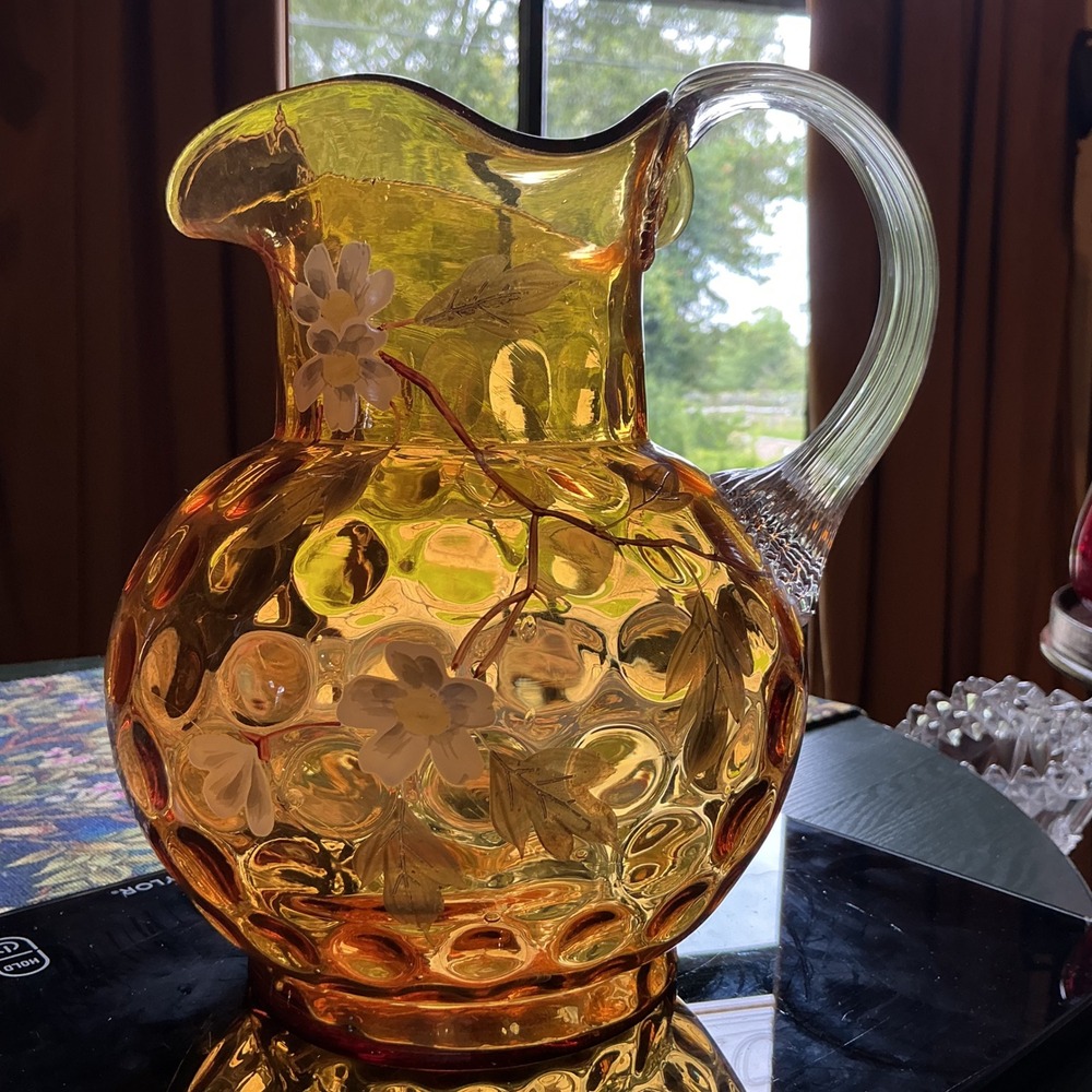 Fenton Amber Coin Dot Honeycomb Glass Pitcher Hand Painted Floral 9 Inch Vintage